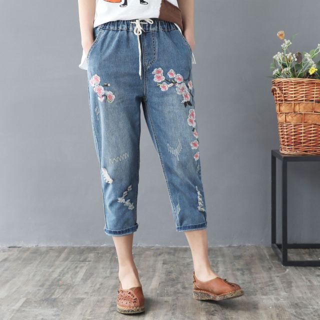 Elastic Waist Jeans Ladies Vintage Embroidery Trousers Women Casual Retro Floral Denim Cowboy Ripped Harem Pants Yalabovso