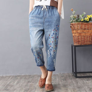 Elastic Waist Jeans Ladies Vintage Embroidery Trousers Women Casual Retro Floral Denim Cowboy Ripped Harem Pants Yalabovso