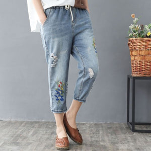 Elastic Waist Jeans Ladies Vintage Embroidery Trousers Women Casual Retro Floral Denim Cowboy Ripped Harem Pants Yalabovso