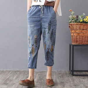 Elastic Waist Jeans Ladies Vintage Embroidery Trousers Women Casual Retro Floral Denim Cowboy Ripped Harem Pants Yalabovso