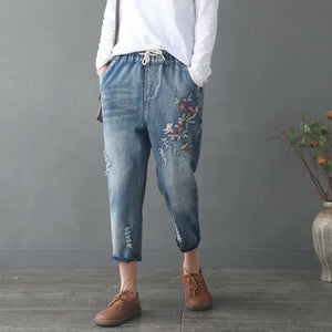 Elastic Waist Jeans Ladies Vintage Embroidery Trousers Women Casual Retro Floral Denim Cowboy Ripped Harem Pants Yalabovso