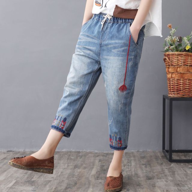 Elastic Waist Jeans Ladies Vintage Embroidery Trousers Women Casual Retro Floral Denim Cowboy Ripped Harem Pants Yalabovso