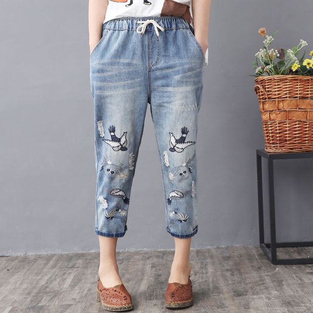 Elastic Waist Jeans Ladies Vintage Embroidery Trousers Women Casual Retro Floral Denim Cowboy Ripped Harem Pants Yalabovso