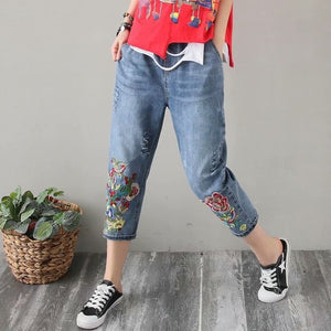 Elastic Waist Jeans Ladies Vintage Embroidery Trousers Women Casual Retro Floral Denim Cowboy Ripped Harem Pants Yalabovso