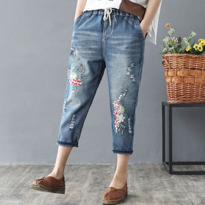 Elastic Waist Jeans Ladies Vintage Embroidery Trousers Women Casual Retro Floral Denim Cowboy Ripped Harem Pants Yalabovso