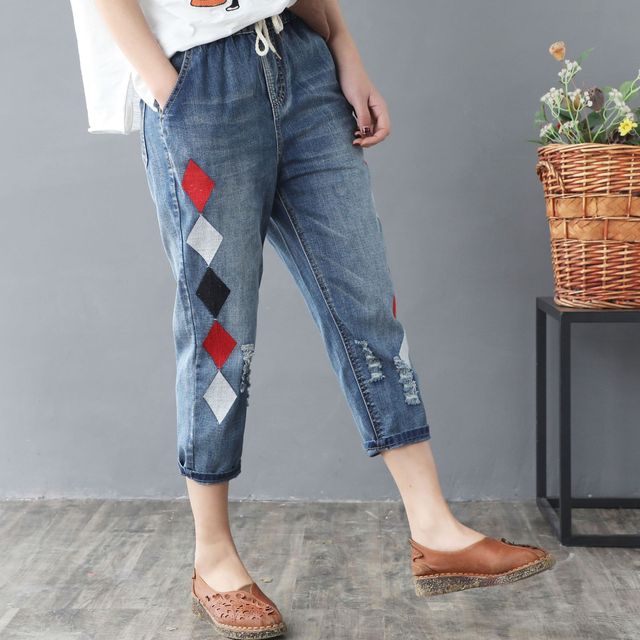 Elastic Waist Jeans Ladies Vintage Embroidery Trousers Women Casual Retro Floral Denim Cowboy Ripped Harem Pants Yalabovso