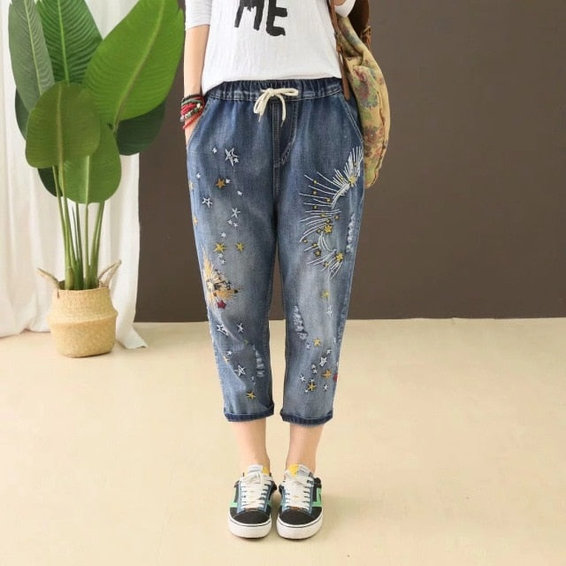 Elastic Waist Jeans Ladies Vintage Embroidery Trousers Women Casual Retro Floral Denim Cowboy Ripped Harem Pants Yalabovso