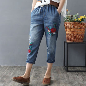 Elastic Waist Jeans Ladies Vintage Embroidery Trousers Women Casual Retro Floral Denim Cowboy Ripped Harem Pants Yalabovso