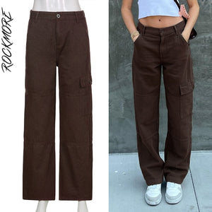 Rockmore Brown Vintage Baggy Jeans Women 90s Streetwear Pockets Wide Leg Cargo Pants Low Waist Straight Denim Trousers 2021