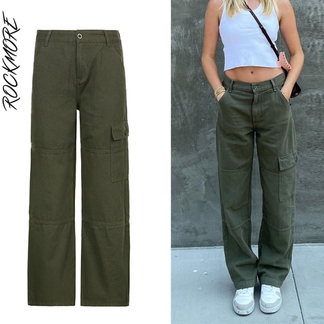 Rockmore Brown Vintage Baggy Jeans Women 90s Streetwear Pockets Wide Leg Cargo Pants Low Waist Straight Denim Trousers 2021