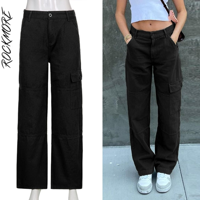 Rockmore Brown Vintage Baggy Jeans Women 90s Streetwear Pockets Wide Leg Cargo Pants Low Waist Straight Denim Trousers 2021