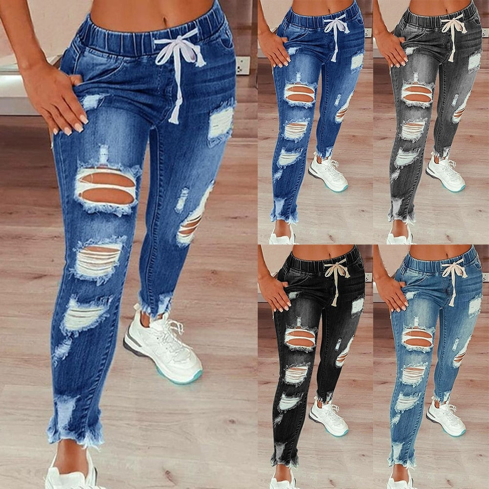 2021 New Women Drawstring Denim Long Jeans High Waist Hole Stretch Full Length Pencil Pants Ladies Slim Plus Size Denim Trousers