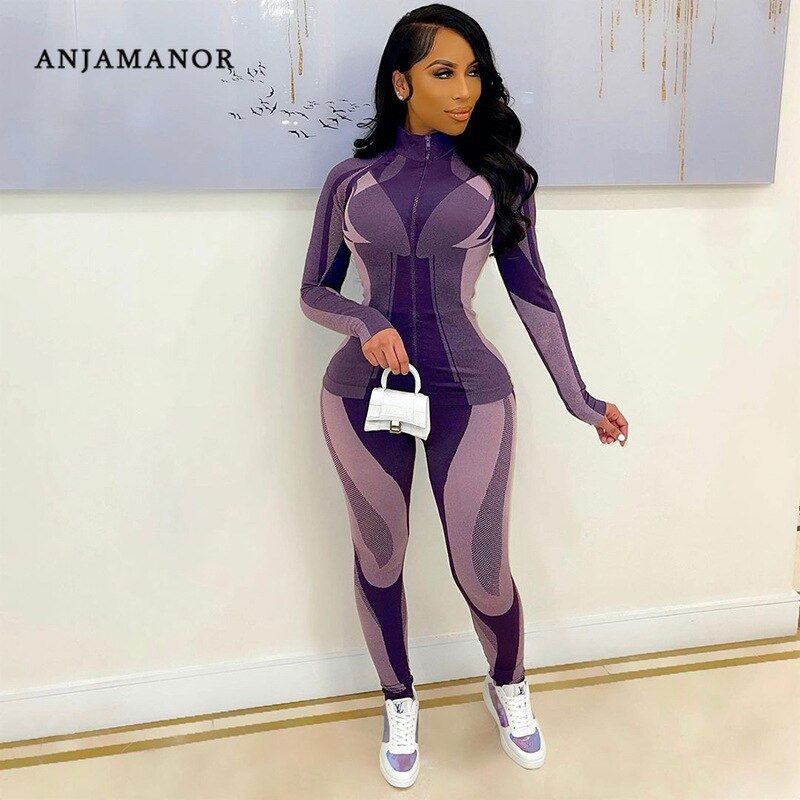 ANJAMANOR Sports Fitness Two Piece Set Top and Pants Sexy Tracksuit Sweat Suit Bodycon Outfits Women’s Fall Clothes D85-DZ35