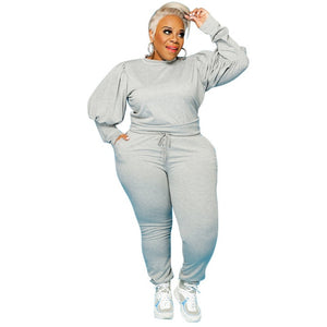 5XL Plus Size Women Clothing Two Piece Set Solid Long Lantern Sleeve Tops Pants Suits Fall Winter Knitted Sweatshirts Tracksuits