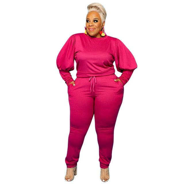 5XL Plus Size Women Clothing Two Piece Set Solid Long Lantern Sleeve Tops Pants Suits Fall Winter Knitted Sweatshirts Tracksuits