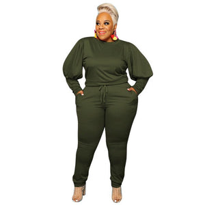 5XL Plus Size Women Clothing Two Piece Set Solid Long Lantern Sleeve Tops Pants Suits Fall Winter Knitted Sweatshirts Tracksuits