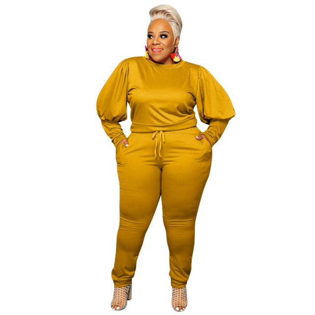 5XL Plus Size Women Clothing Two Piece Set Solid Long Lantern Sleeve Tops Pants Suits Fall Winter Knitted Sweatshirts Tracksuits