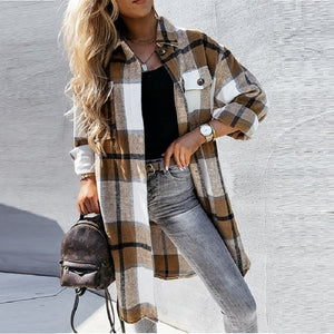 Elegant Women's Long Shirts 2021 Fall/Winter New Hot Sale Single-breasted Lapel Pocket Full Sleeve Plaid Cotton Jacket For Women