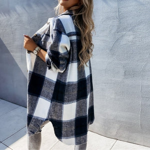 Elegant Women's Long Shirts 2021 Fall/Winter New Hot Sale Single-breasted Lapel Pocket Full Sleeve Plaid Cotton Jacket For Women