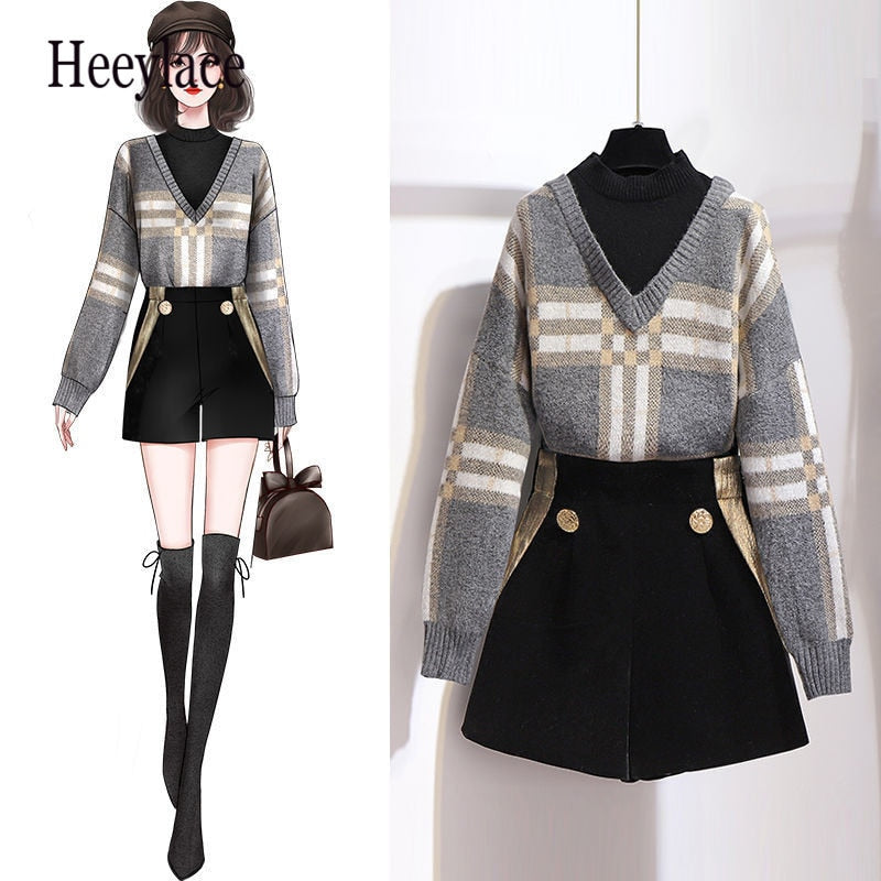 Plus Size Women Fall Winter Two Pieces Clothing Set Female Fake Two Patchwork Pullovers Sweater Tops + Shorts Sets korean Suits