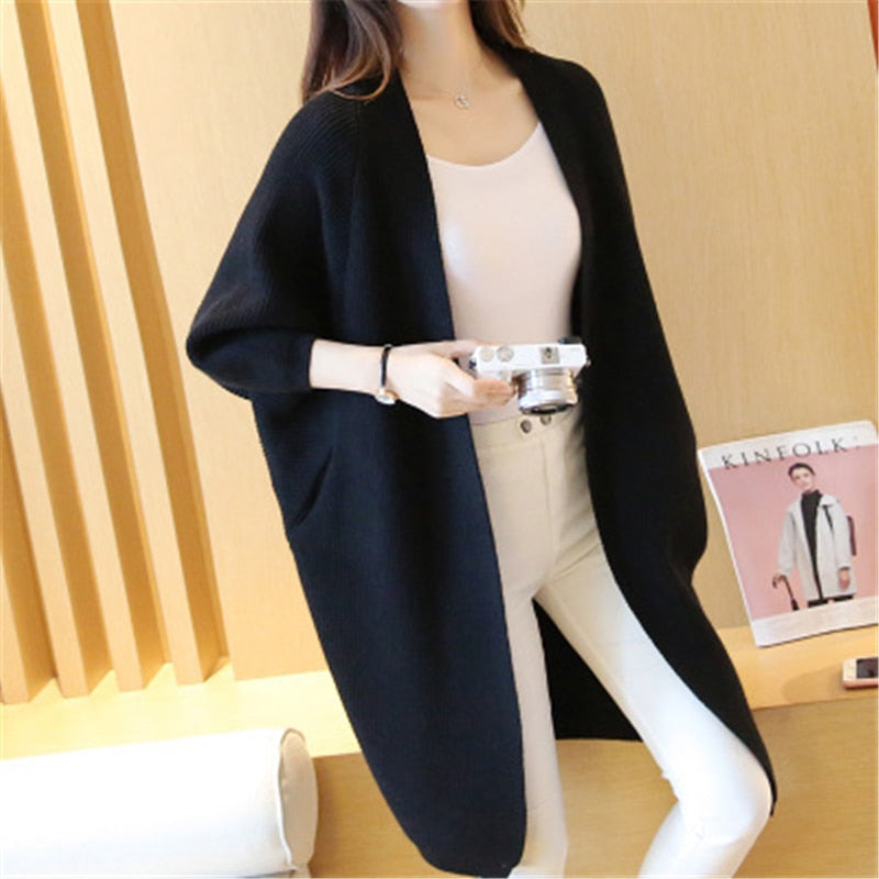 Women Sweater 2021 Fall Winter Long Cardigan New Casual Bat Sleeve Female Knitted Sweater Plus Size Jacket Loose Ladies Sweaters