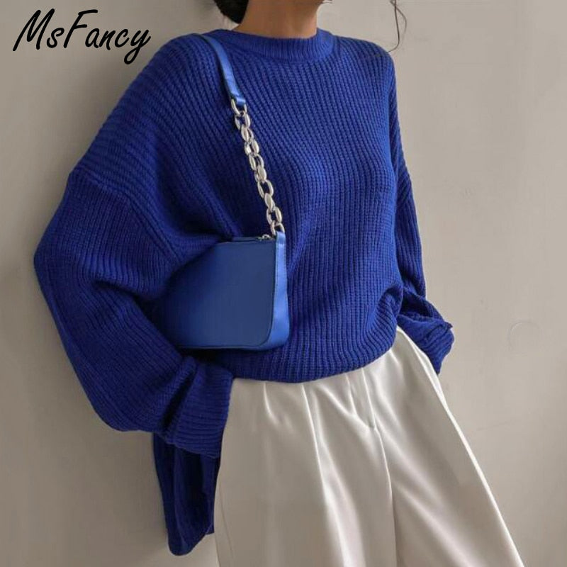 Msfancy Fall Sweaters Women Korean Fashion Blue O-neck Knitted Oversized Pullovers 2021 Long Sleeve Casual Tops