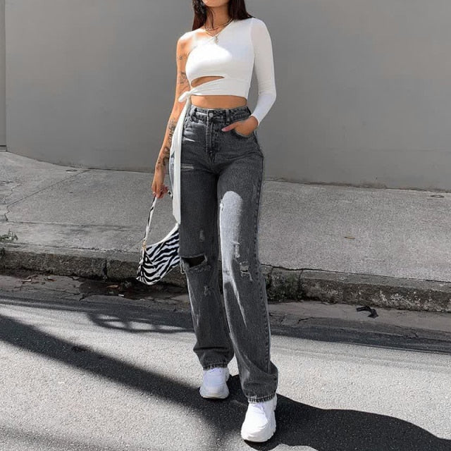 2021 Fashion Rippde Jeans Women High Waist Straight Denim Mom Pants Baggy Jeans Women Washed Blue Casual Female Cotton Pants New