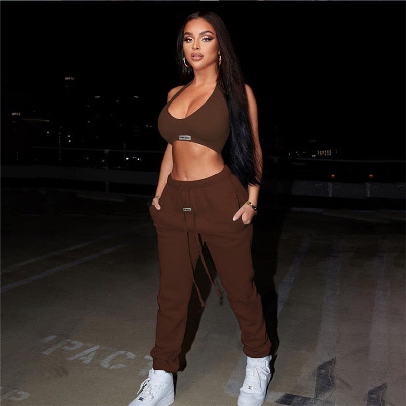 Simenual Casual Sweat Bra And Sweatpants 2 Piece Outfits Lounge Wear Letter Halter Sporty Women Matching Sets Simple Streetwear