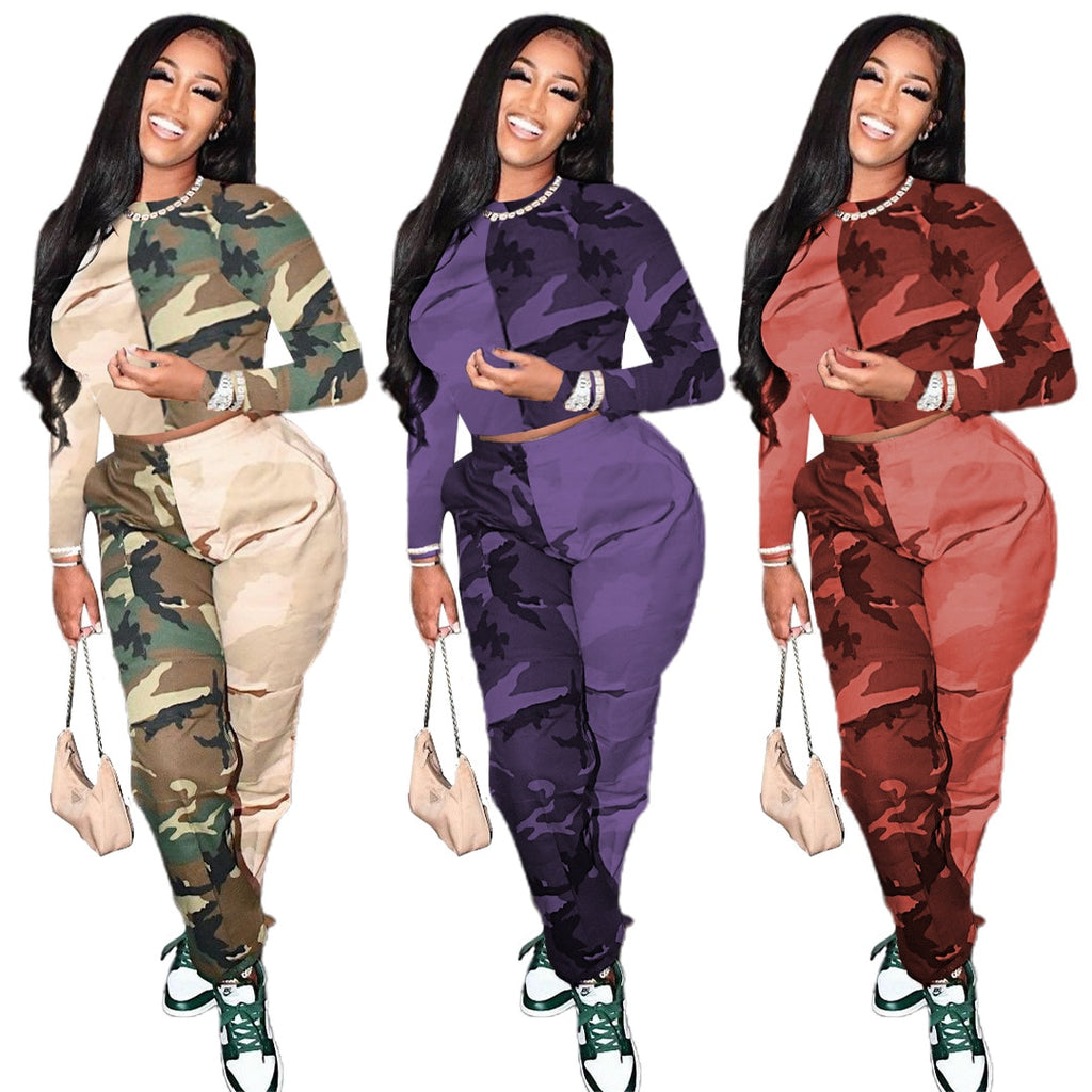 2022 Women's Trousers Camouflage Tracksuit Two Piece Sets Jogger Set Patchwork Outfit Women 2 Piece Sweat Suits