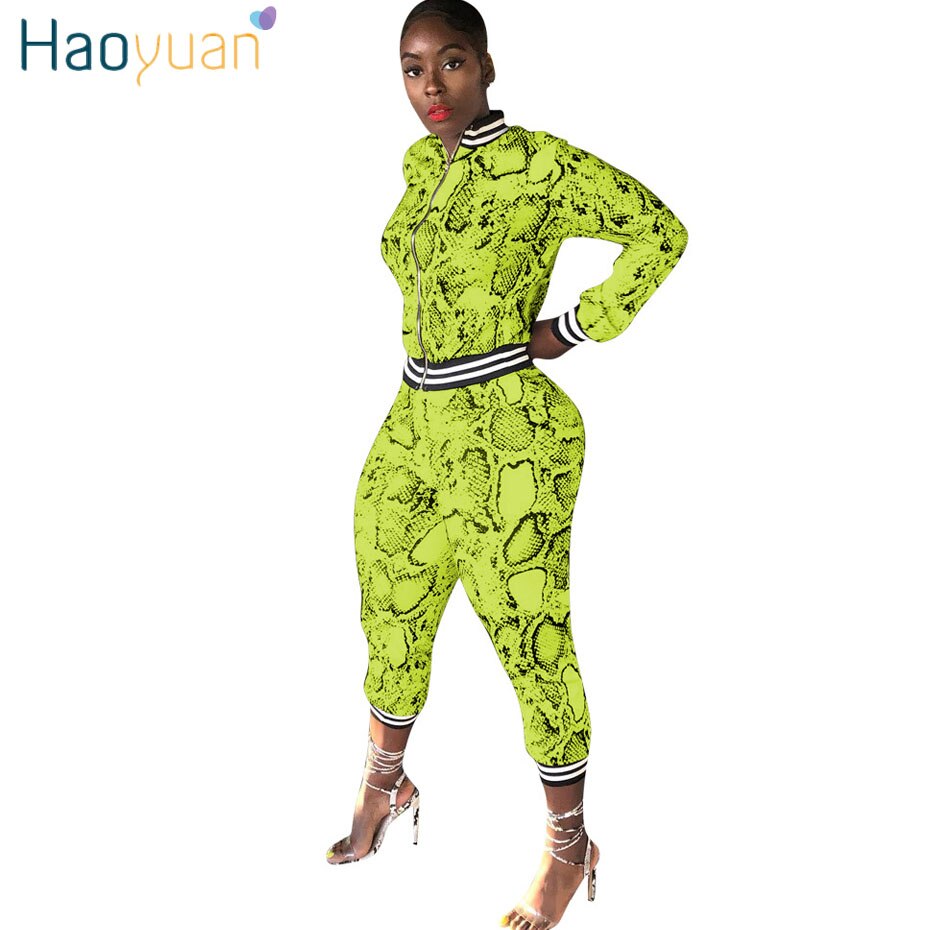 HAOYUAN Neon Snake Print Two Piece Set Women Tracksuit Festival Crop Top and Pant Fall 2Piece Outfits Plus Size Matching Sets