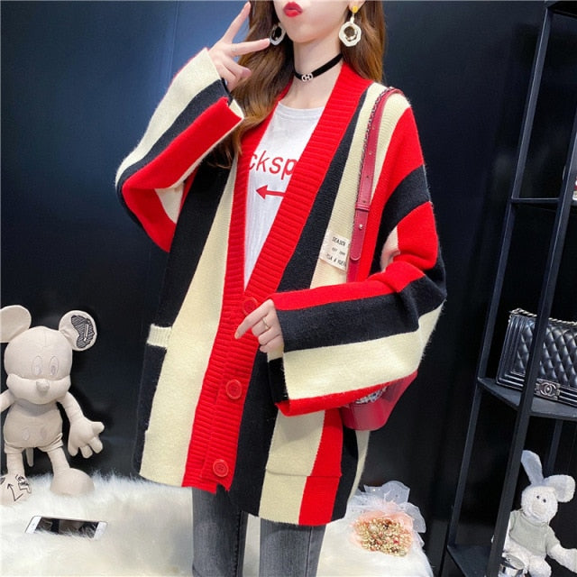 New Women Girl Fall Winter Cardigans Full Sleeve Knitted Sweaters V Neck Basic Knitwear Rainbow Jacket Loose Cardigans Tops