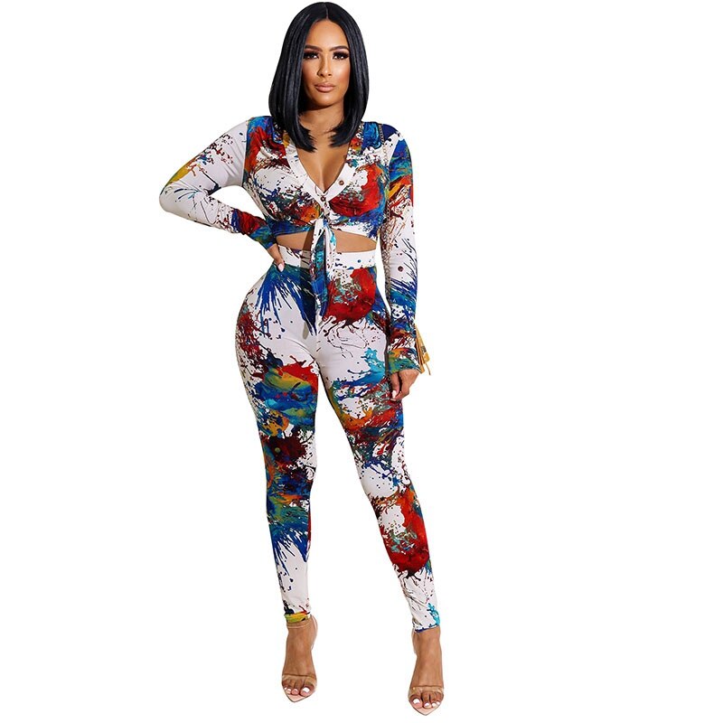 Tie Dye 2 Piece Sets Womens Outfits Sweat Suit Fall Clothes for Women Blouses Crop Top and Pants Sets Tracksuit Wholesale Items