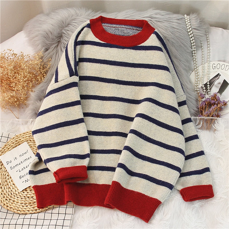 EBAIHUI Striped Sweater Women Casual Loose Pullover O-neck All-match Knitted Top Jumper Fall Long Sleeve Chic Knit Sweaters