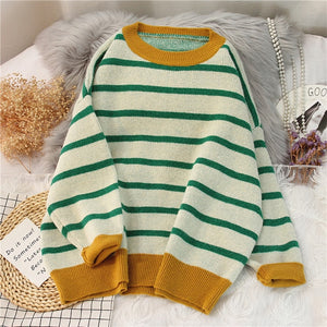 EBAIHUI Striped Sweater Women Casual Loose Pullover O-neck All-match Knitted Top Jumper Fall Long Sleeve Chic Knit Sweaters