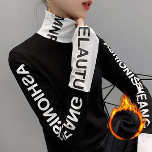 Fall Winter European Clothes Tshirt Chic Patchwork Letter Thick Broshed Long Sleeve Brushed Cotton Tops New 2021 Tees T00514A