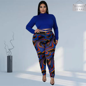 Plus Size Women Two Piece Set 5XL Fall Winter Clothes Solid Bandage Tops Tie Dye Pants Tracksuit Outfits Wholesale Dropshipping