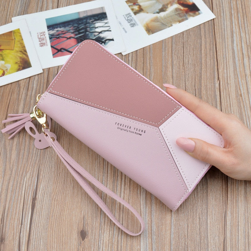 Geometric Patchwork PU Leather Women Long Zipper Wrist Purses Tassel Design Clutch Forever Young Wallet Female Card Holder