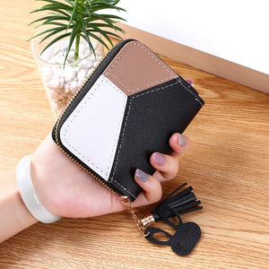 Geometric Patchwork PU Leather Women Long Zipper Wrist Purses Tassel Design Clutch Forever Young Wallet Female Card Holder