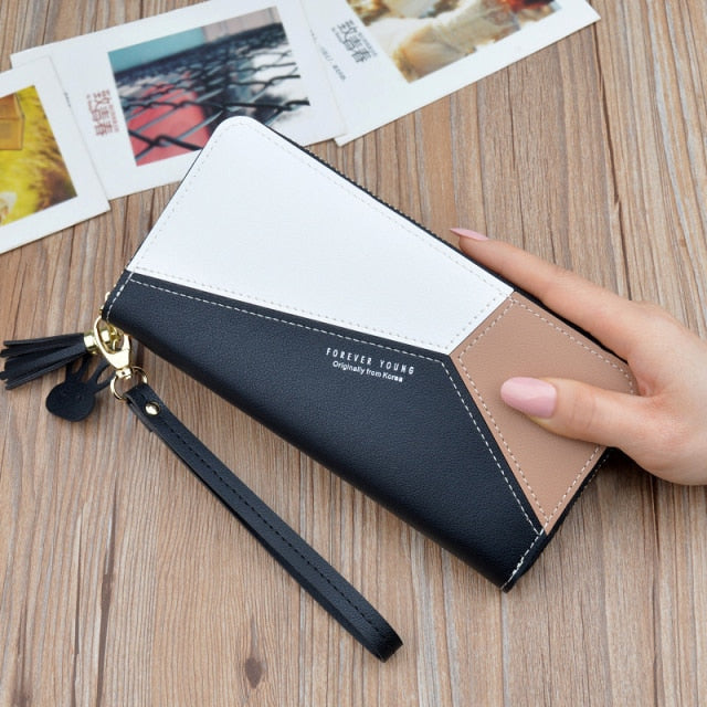 Geometric Patchwork PU Leather Women Long Zipper Wrist Purses Tassel Design Clutch Forever Young Wallet Female Card Holder