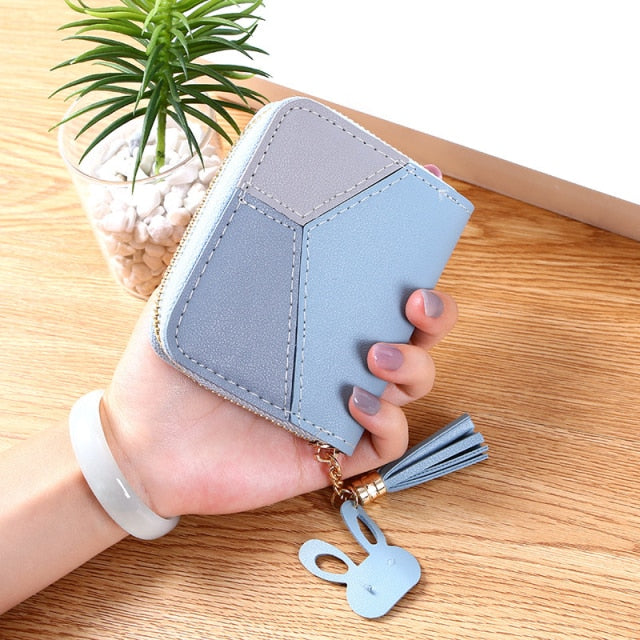 Geometric Patchwork PU Leather Women Long Zipper Wrist Purses Tassel Design Clutch Forever Young Wallet Female Card Holder