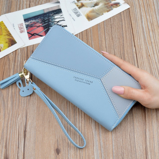 Geometric Patchwork PU Leather Women Long Zipper Wrist Purses Tassel Design Clutch Forever Young Wallet Female Card Holder