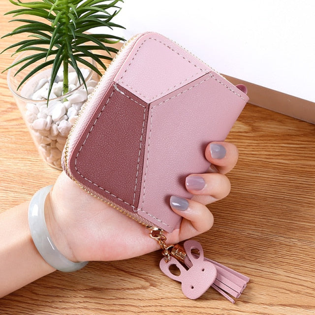 Geometric Patchwork PU Leather Women Long Zipper Wrist Purses Tassel Design Clutch Forever Young Wallet Female Card Holder