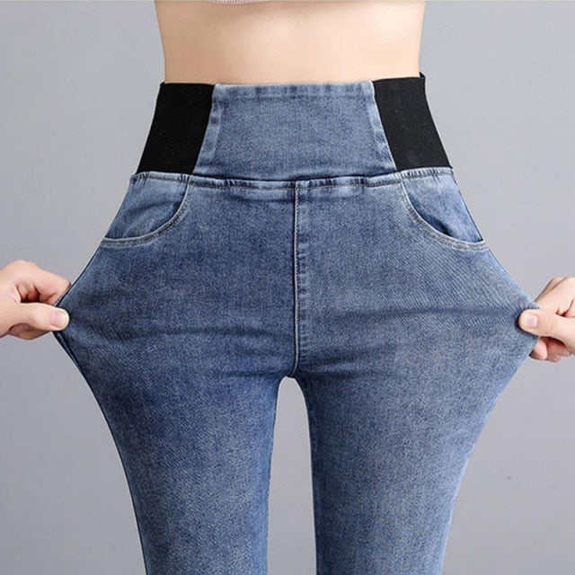 Classic Plus Size 38 Elastic Waist Skinny Mom Jeans Women Vintage Spring Slim Stretch Denim Pencil Pant Casual Leggings Trousers