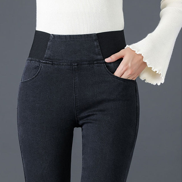 Classic Plus Size 38 Elastic Waist Skinny Mom Jeans Women Vintage Spring Slim Stretch Denim Pencil Pant Casual Leggings Trousers