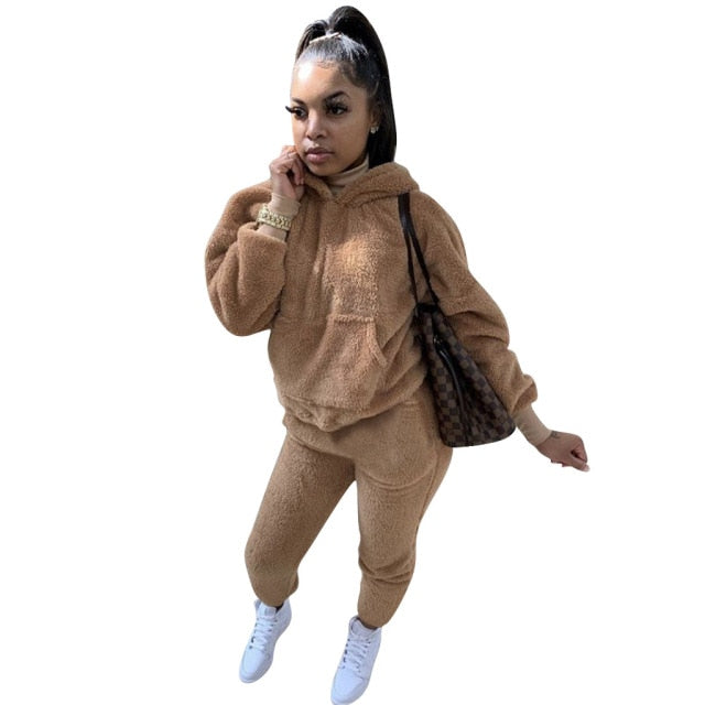 ANJAMANOR Fleece Warm Cozy 2 Piece Sets Womens Outfits Winter Clothes 2020 Hoodies Jogger Sweat Suits Matching Sets D41-FZ63