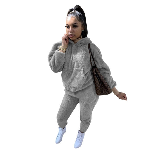 ANJAMANOR Fleece Warm Cozy 2 Piece Sets Womens Outfits Winter Clothes 2020 Hoodies Jogger Sweat Suits Matching Sets D41-FZ63