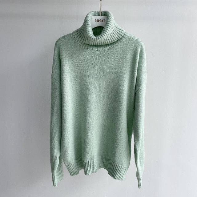 Toppies 2021 Autumn Winter Women's Sweater 15% Wool Green Turtleneck Sweater Knitted Tops Jumper Korean Clothes