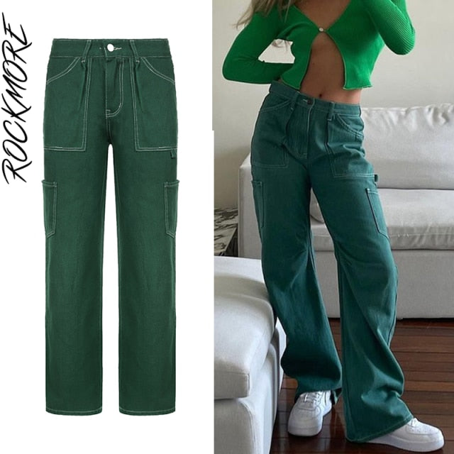 Rockmore Green Vintage Baggy Jeans Women'S Pockets Wide Leg Cargo Pants Streetwear Casual Low Waist Denim Straight Trousers 2021