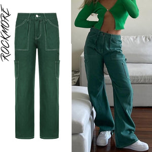 Rockmore Green Vintage Baggy Jeans Women'S Pockets Wide Leg Cargo Pants Streetwear Casual Low Waist Denim Straight Trousers 2021