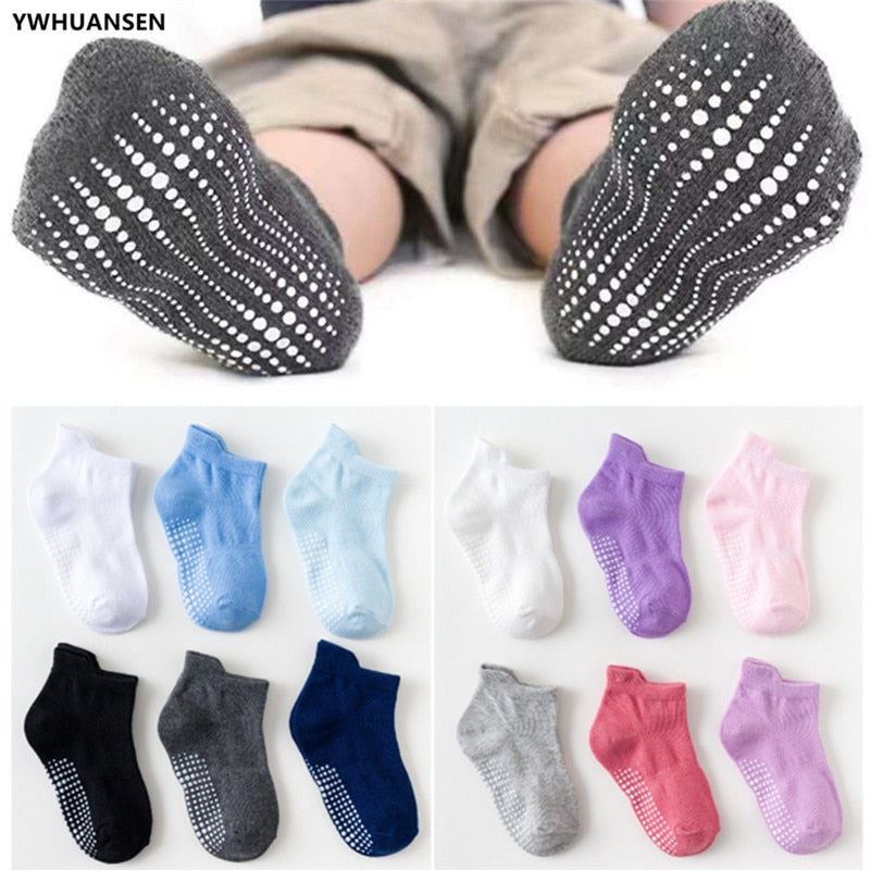 6 Pairs/lot 0 to 6 Yrs Cotton Children's Anti-slip Boat Socks For Boys Girl Low Cut Floor Kid Sock With Rubber Grips Four Season